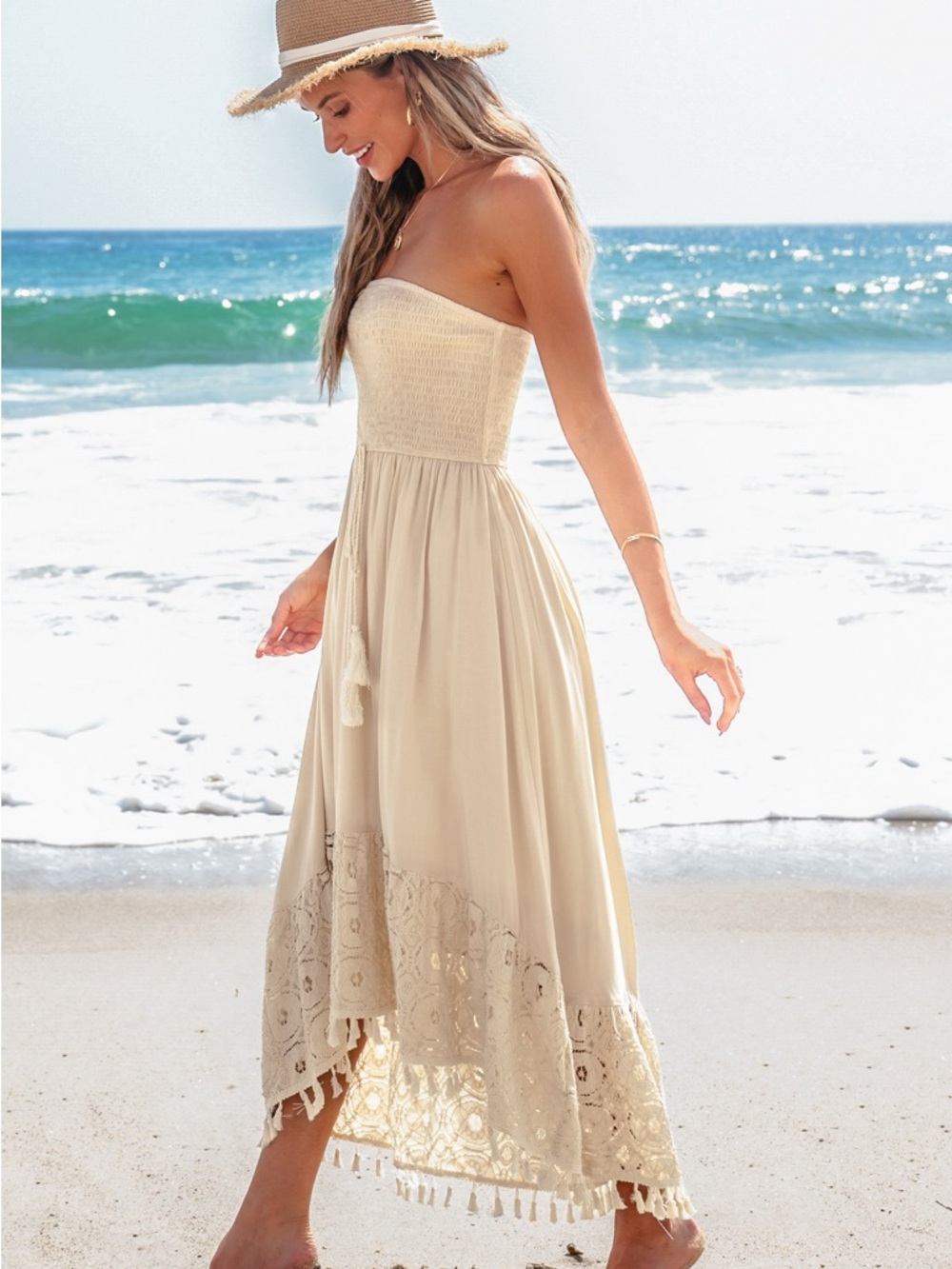 NWT Cupshe Cream Strapless Boho Maxi Dress